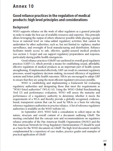 TRS 1033 - Annex 10: Good reliance practices in the regulation of medical products: high level principles and considerations