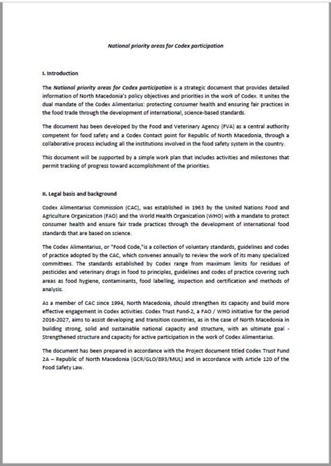 North Macedonia National priority areas for Codex participation