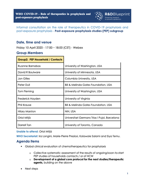 Informal consultation on the role of therapeutics in COVID-19 prophylaxis and post-exposure prophylaxis - 10 April 2020
